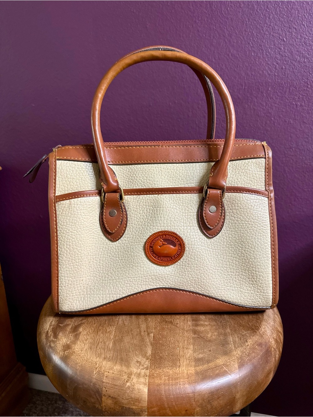 Dooney & Bourke Cream and Brown Leather-Trim Satchel